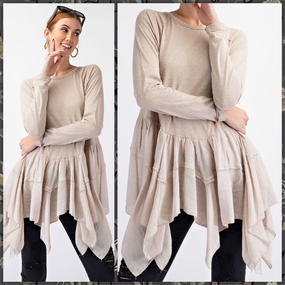 EASEL Long Sleeved Asymmetrical Ruffled Hem Lightweight Tunic Top - Picture 10 of 14